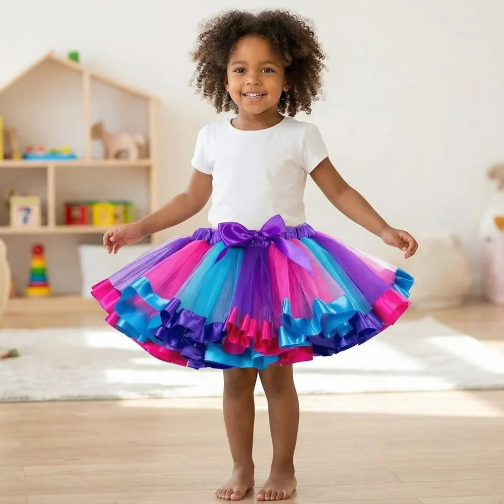 Girls Rainbow Tulle Tutu Skirt | Purple Blue Pink Ruffle Trim w/ Bow | Party